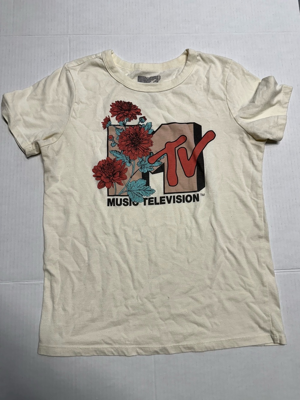 MTV Cream Tee with Red & Teal Floral Graphic